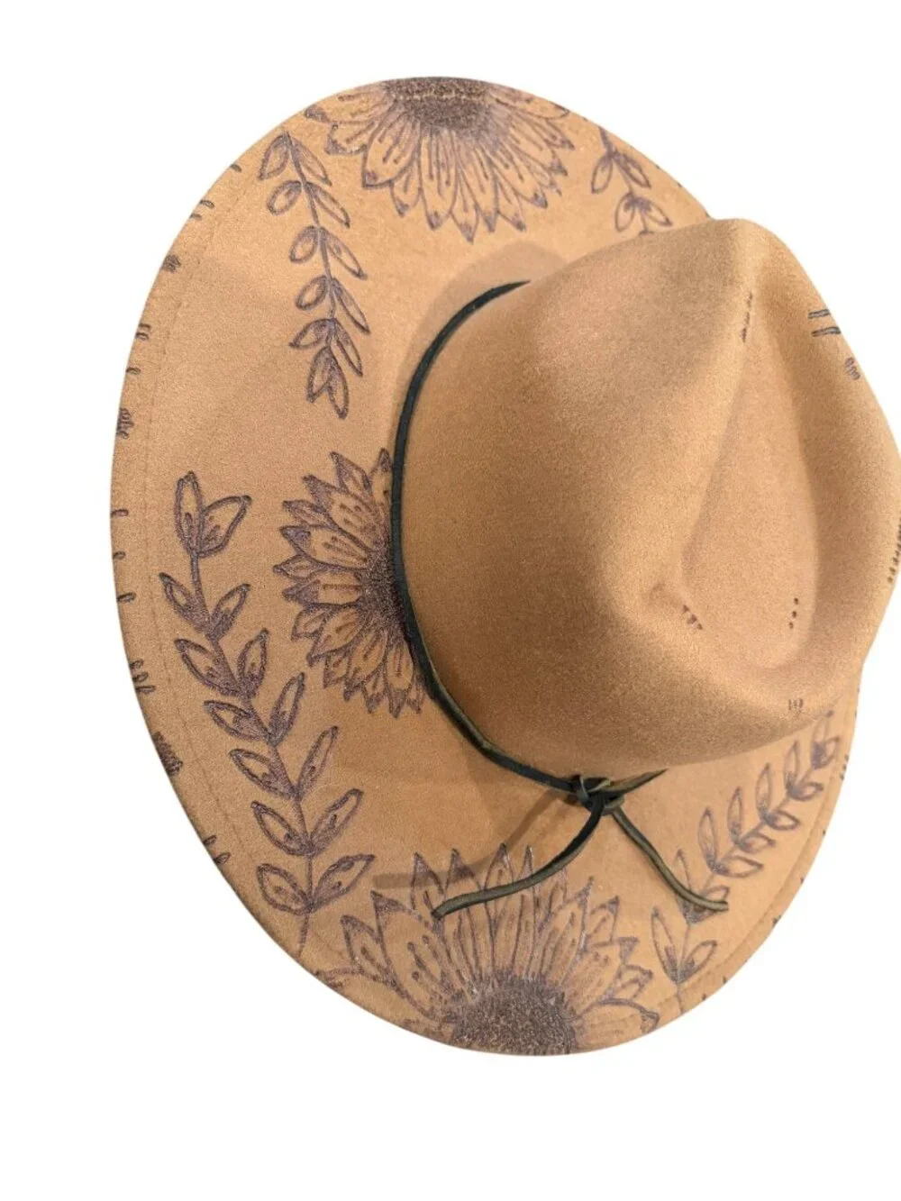 Hand Burned Sunflower Tan Wide-Brim Fedora Hat With Black Faux Leather Band EUC